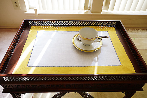 White Hemstitch Placemats 14"x20". Spicy Mustard color border